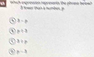 Which expression represents the phrase below?
3 fewer than a number, p
3=8
8/ 3
3:y
b=3