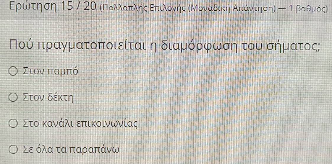 Ερωίνοτρηοση 15 / 2Ο κΠολαπίληήηοςαΕαπιλονγνηήης αΜοναδικήηαΑαπίαάανίτησηη η η Ββαθρμρόςο
Πού πραγματοποιείται η διαμόρφωση του σήματος;
Στον πομπό
Στον δέκτη
Στο κανάλι επικοινωνίας
Σε όλα τα παραπάνω