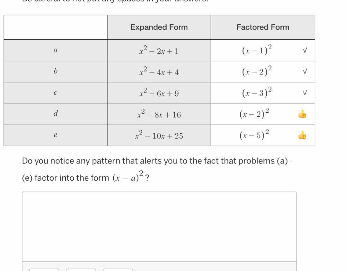 Do you notice any pattern that alerts you to the fact that problems (a) -
(e) factor into the form (x-a)^2 ?