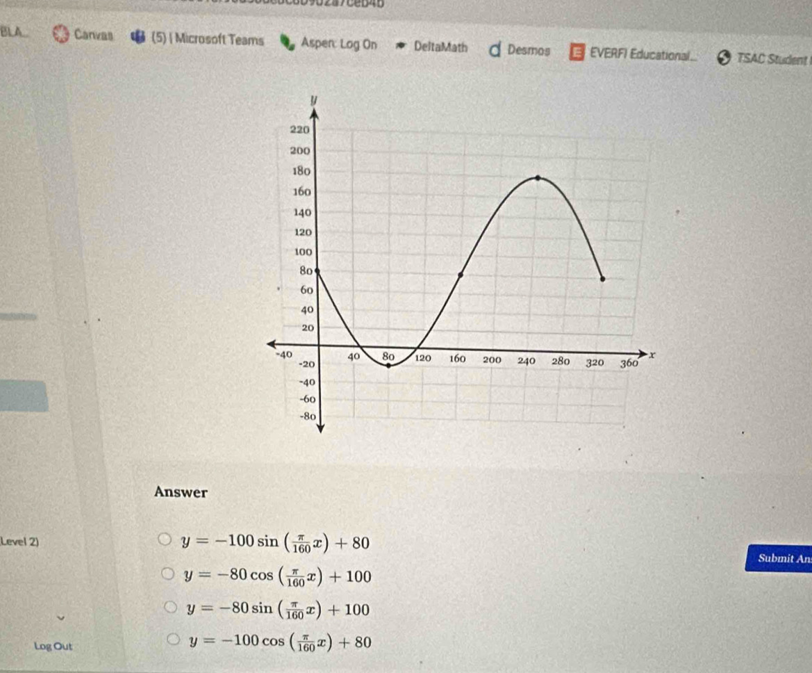 287ceb45
BLA Canvas (5) | Microsoft Teams Aspen: Log On DeltaMath Desmos EVERFI Educational... TSAC Student
Answer
Level 2) y=-100sin ( π /160 x)+80
Submit An
y=-80cos ( π /160 x)+100
y=-80sin ( π /160 x)+100
Log Out
y=-100cos ( π /160 x)+80