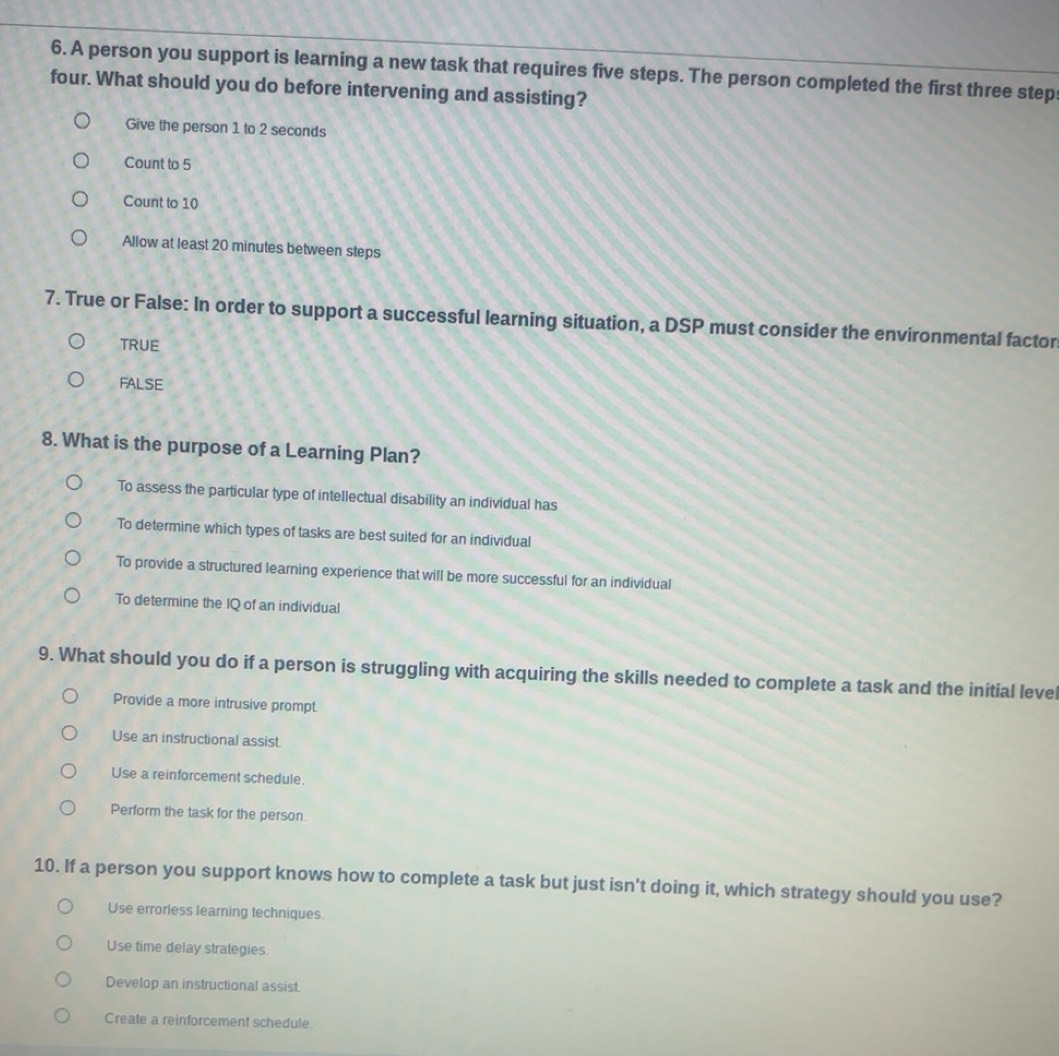 Solved: A person you support is learning a new task that requires five ...