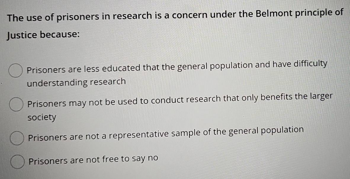 Solved: The use of prisoners in research is a concern under the Belmont ...
