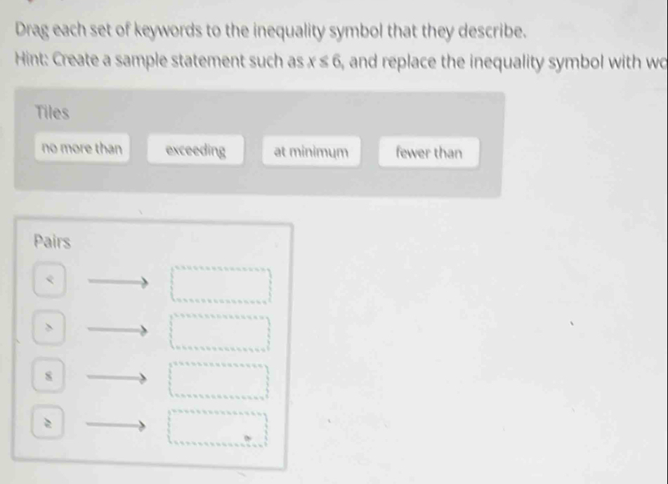 Drag each set of keywords to the inequality symbol that they describe.
Hint: Create a sample statement such as x≤ 6 , and replace the inequality symbol with wo
Tiles
no more than exceeding at minimum fewer than
Pairs

8
2