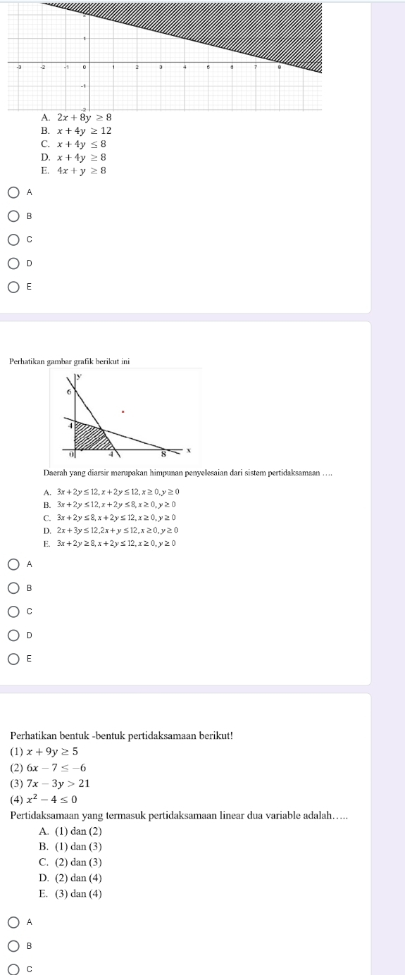 B. x+4y≥ 12
C. x+4y≤ 8
D. x+4y≥ 8
E. 4x+y≥ 8
A
B
C
D
E
Perhatikan gambar grafik berikut ini
y
6
x
Daerah yang diarsir merupakan himpunan penyelesaian dari sistem pertidaksamaan …
A. 3x+2y≤ 12,x+2y≤ 12,x≥ 0,y≥ 0
B. 3x+2y≤ 12,x+2y≤ 8,x≥ 0,y≥ 0
C. 3x+2y≤ 8,x+2y≤ 12,x≥ 0,y≥ 0
D. 2x+3y≤ 12,2x+y≤ 12,x≥ 0,y≥ 0
E. 3x+2y≥ 8,x+2y≤ 12,x≥ 0,y≥ 0
A
B
C
D
E
Perhatikan bentuk -bentuk pertidaksamaan berikut!
(1) x+9y≥ 5
(2) 6x-7≤ -6
(3) 7x-3y>21
(4) x^2-4≤ 0
Pertidaksamaan yang termasuk pertidaksamaan linear dua variable adalah…...
A. (1) dan (2)
B. (1) dan (3)
C. (2) dan (3)
D. (2) dan (4)
E. (3) dan (4)
A
B
C