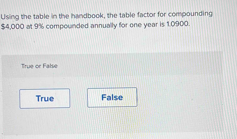 Using the table in the handbook, the table factor for compounding
$4,000 at 9% compounded annually for one year is 1.0900.
True or False
True False