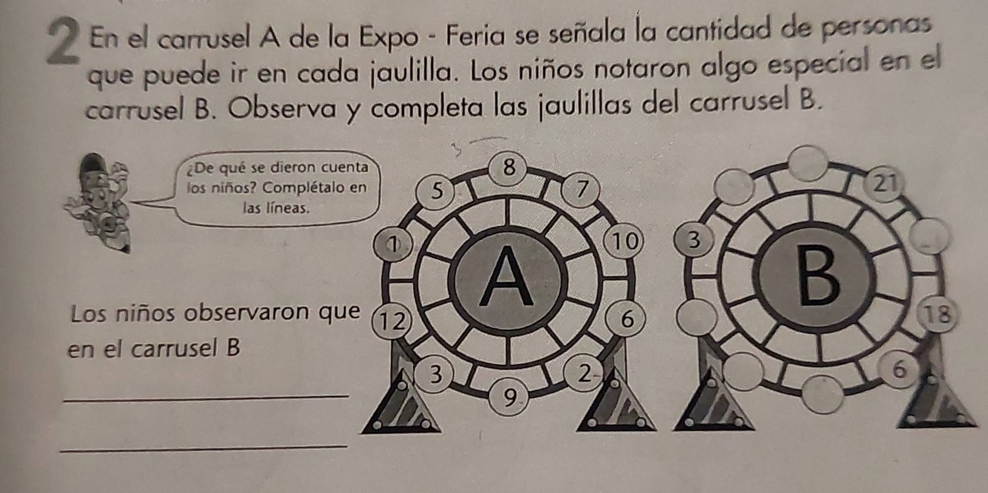 En el carrusel A de la Expo - Feria se señala la cantidad de personas 
que puede ir en cada jaulilla. Los niños notaron algo especial en el 
carrusel B. Observa y completa las jaulillas del carrusel B. 
De qué se dieron 
los niños? Complét 
las líneas. 
Los niños observaron 
en el carrusel B 
_ 
_