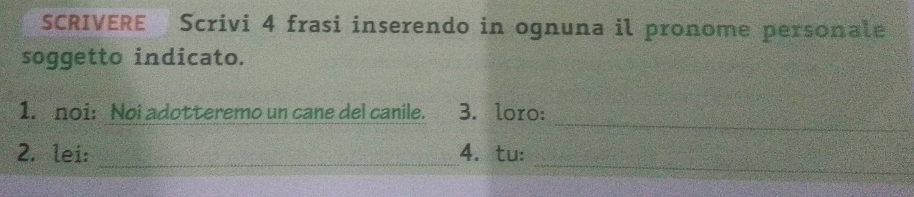 SCRIVERE Scrivi 4 frasi inserendo in ognuna il pronome personale 
soggetto indicato. 
_ 
1. noi: Noi adotteremo un cane del canile. 3. loro: 
_ 
2. lei: _4. tu: