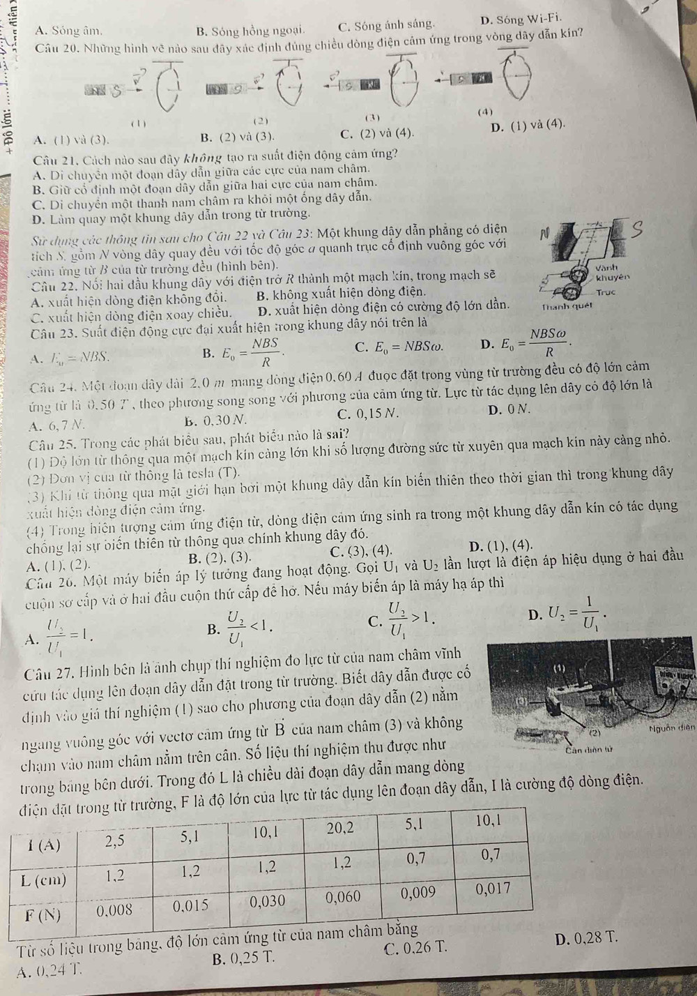 a
A. Sóng âm, B. Sóng hồng ngoại. C. Sóng ánh sáng. D. Sóng Wi-Fi.
Câu 20. Những hình vẽ nào sau đây xác định đủng chiều dòng điện cảm ứng trong vòng dây dẫn kín?
D
NS
15
(1) (2) ( 3 ) (4)
A. (1) và (3). B. (2) và (3). C. (2) và (4). D. (1) và (4).
Câu 21. Cách nào sau đây không tạo ra suất điện động cảm ứng?
A. Di chuyền một đoạn dây dẫn giữa các cực của nam châm.
B. Giữ cổ định một đoạn dây dẫn giữa hai cực của nam châm.
C. Di chuyển một thanh nam châm ra khỏi một ống dây dẫn.
D. Làm quay một khung dây dẫn trong từ trường.
Sử dụng các thông tin sau cho Cầu 22 yà Câu 23: Một khung dậy dẫn phẳng có diện N
tích S. gồm N vòng dây quay đều với tốc độ góc # quanh trục cổ định vuông góc với
cảm ứng từ B của từ trường đều (hình bên).
Câu 22. Nổi hai đầu khung dây với điện trở R thành một mạch kín, trong mạch sẽ Vành khuyên
A. xuất hiện dòng điện không đôi. B. không xuất hiện dòng điện.
C. xuất hiện đòng điện xoay chiều. D. xuất hiện dòng điện có cường độ lớn dần. Thanh quét Truc
Câu 23. Suất điện động cực đại xuất hiện trong khung dây nói trên là
A. E_u=NBS.
B. E_o= NBS/R . C. E_o=NBSomega . D. E_o= NBSomega /R .
Câu 24. Một đoạn dây dài 2,0 m mang dòng điện0,60 A đuợc đặt trong vùng từ trường đều có độ lớn cảm
ứng từ là 0.50 7, theo phương song song với phương của cảm ứng từ. Lực từ tác dụng lên dây có độ lớn là
A. 6, 7 N. B. 0, 30 N. C. 0,15 N. D. 0 N.
Câu 25. Trong các phát biểu sau, phát biểu nào là sai?
(1) Độ lớn từ thông qua một mạch kín càng lớn khi số lượng đường sức từ xuyên qua mạch kin này cảng nhỏ.
(2) Đơn vị của từ thông là tesla (T).
(3) Khi từ thông qua mặt giới hạn bởi một khung dây dẫn kín biến thiên theo thời gian thì trong khung dây
xuất hiện dòng điện cảm ứng.
(4) Trong hiện tượng cảm ứng điện từ, dòng điện cảm ứng sinh ra trong một khung dây dẫn kín có tác dụng
chống lại sự biến thiên từ thông qua chính khung dây đó.
A. (1),(2). B. (2), (3) c. (3),(4) D. (1), (4).
Câu 26. Một máy biển áp lý tưởng đang hoạt động. Gọi U_1 và U_2 lần lượt là điện áp hiệu dụng ở hai đầu
cuộn sơ cấp và ở hai đầu cuộn thứ cấp để hở. Nếu máy biển áp là máy hạ áp thì
A. frac U_2U_1=1.
B. frac U_2U_1<1.
C. frac U_2U_1>1, D. U_2=frac 1U_1.
Câu 27, Hình bên là ảnh chụp thí nghiệm đo lực từ của nam châm vĩnh
cứu tác dụng lên đoạn dây dẫn đặt trong từ trường. Biết dây dẫn được cố
dịnh vào giá thí nghiệm (1) sao cho phương của đoạn dây dẫn (2) nằm
ngang vuông góc với vectơ cầm ứng từ B của nam châm (3) và không
chạm vào nam châm nằm trên cân. Số liệu thí nghiệm thu được nhưNguồn diễn
trong bảng bên dưới. Trong đó L là chiều dài đoạn dây dẫn mang dòng
ng, F là độ lớn của lực từ tác dụng lên đoạn dây dẫn, I là cường độ dòng điện.
Từ số liệu trong bảng, độ lớn cảm ứng
A. 0、24 T B. 0,25 T. C. 0.26 T. D. 0,.