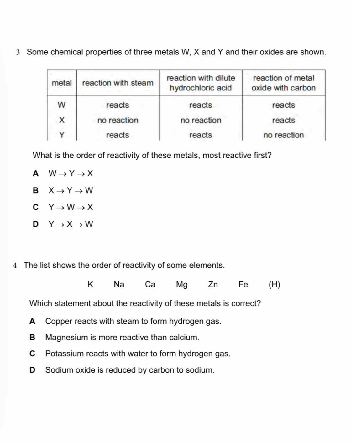 Some chemical properties of three metals W, X and Y and their oxides are shown.
What is the order of reactivity of these metals, most reactive first?
A Wto Yto X
B Xto Yto W
C Yto Wto X
D Yto Xto W
4 The list shows the order of reactivity of some elements.
K Na Ca Mg Zn Fe (H)
Which statement about the reactivity of these metals is correct?
A Copper reacts with steam to form hydrogen gas.
B Magnesium is more reactive than calcium.
C Potassium reacts with water to form hydrogen gas.
D Sodium oxide is reduced by carbon to sodium.