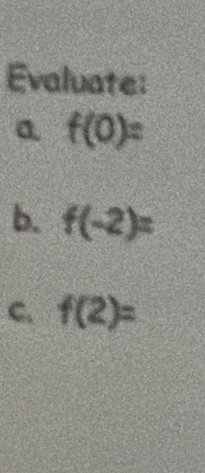 Evaluate: 
a f(0)=
b. f(-2)=
C. f(2)=