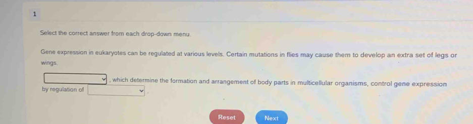 Select the correct answer from each drop-down menu. 
Gene expression in eukaryotes can be regulated at various levels. Certain mutations in flies may cause them to develop an extra set of legs or 
wings. 
, which determine the formation and arrangement of body parts in multicellular organisms, control gene expression 
by regulation of 
Reset Next