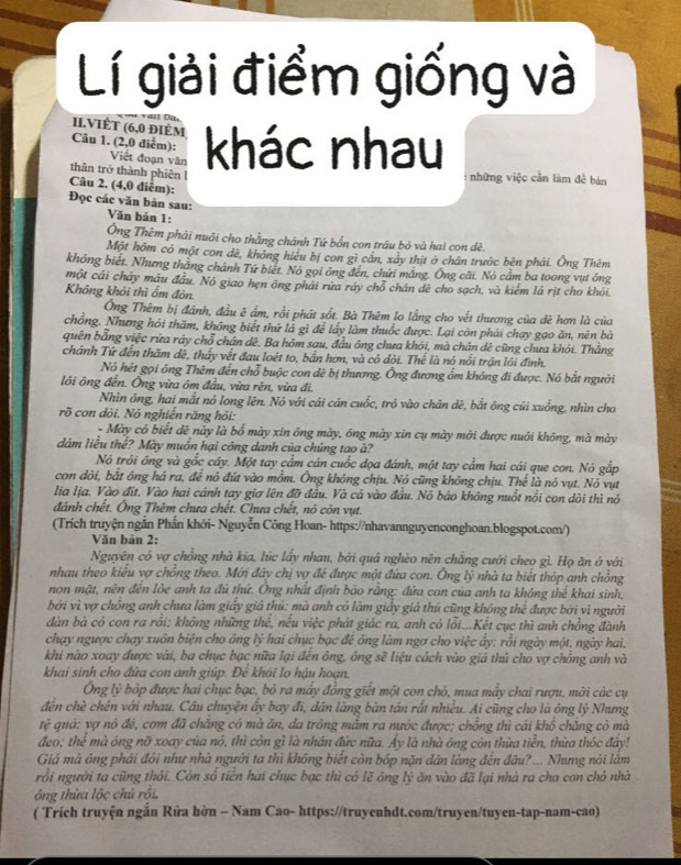 Lí giải điểm giống và
II.VIÊT (6,0 điÈM
Câu 1. (2,0 diểm): khác nhau
Việt đoạn văn
: những việc cần làm đề bán
thân trở thành phiên l Câu 2. (4,0 điểm):
Đọc các văn bản sau:  Văn bản 1:
Ông Thêm phải nuôi cho thằng chánh Tứ bổn con trâu bỏ và hai con dề.
Một hồm có một con dê, không hiệu bị con gì cản, xảy thịt ở chân trước bên phải. Ông Thêm
không biết. Nhưng thăng chánh Tứ biết. Nó gọi ông đến, chứi măng. Ông cãi. Nó cầm ba toong vụt ông
một cải chảy máu đầu. Nó giao hẹn ông phải rừa rảy chỗ chân dê cho sạch, và kiểm là rịt cho khói.
Không khói thì ổm đòn.
Ông Thêm bị đánh, đầu ẽ ẩm, rỗi phát sốt. Bà Thêm lo lằng cho vết thương của dè hơn là của
chồng. Nhưng hỏi thăm, không biết thứ là gì để lấy làm thuốc được. Lại còn phải chạy gạo ăn, nên bà
quên bằng việc rữa rảy chỗ chân dê. Ba hôm sau, đầu ông chưa khỏi, mà chân dê cũng chưa khỏi. Thằng
chánh Tứ đến thăm dê, thấy vết đau loệt to, bắn hơm, và có dòi. Thể là nó nổi trận lới đình.
Nó hét gọi ông Thêm đến chỗ buộc con dê bị thương. Ông đương ổm không đi được. Nó bắt người
lôi ông đến. Ông vừa ôm đầu, vừa rên, vừa đi.
Nhìn ông, hai mắt nó long lên. Nó với cái cán cuốc, tró vào chân dê, bắt ông củi xuống, nhìn cho
rõ con dòi. Nó nghiễn răng hỏi:
- Mày có biết dê này là bổ mày xin ông mày, ông mày xin cụ mày mởi được nuôi không, mà mày
dâm liều thể? Mày muồn hại công danh của chúng tao à?
Nó trói ông và gốc cây. Một tay cầm cán cuốc dọa đánh, một tay cẩm hai cái que con. Nó gắp
con dòi, bắt ông há ra, để nó đút vào mồm. Ông không chịu. Nó cũng không chịu. Thể là nó vụt. Nó vụt
lia Iịa. Vào đít. Vào hai cánh tay giơ lên đỡ đầu. Và cả vào đầu. Nó bảo không nuốt nổi con dòi thì nó
đánh chết. Ông Thêm chưa chết. Chưa chết, nó còn vụt.
(Trích truyện ngắn Phần khới- Nguyễn Công Hoan- https://nhavannguyenconghoan.blogspot.com/)
Văn bản 2:
Nguyên có vợ chồng nhà kia, lúc lấy nhau, bởi quả nghèo nên chăng cưới cheo gì. Họ ăn ở với
nhau theo kiểu vợ chồng theo. Mới đây chị vợ để được một đứa con. Ông lý nhà ta biết thóp anh chồng
non mặt, nên đên lõe anh ta đủ thứ. Ông nhất định bão rằng: đứa con của anh ta khỏng thể khai sinh,
bởi vì vợ chồng anh chưa làm giấy giả thủ: mà anh có làm giảy giả thú cũng không thể được bởi vì người
dàn bà có con ra rồi; không những thể, nều việc phát giác ra, anh có lỗi...Kết cục thì anh chồng đành
chạy ngược chạy xuôn biện cho ông lý hai chục bạc để ông làm ngơ cho việc ẩy: rồi ngày một, ngày hai,
khi nào xoay được vài, ba chục bạc nữa lại đến ông, ông sẽ liệu cách vào giá thủ cho vợ chồng anh và
khai sinh cho đứa con anh giúp. Đê khôi lo hậu hoạn.
Ông lý bỏp được hai chục bạc, bỏ ra mây đồng giết một con chỏ, mua mây chai rượu, mời các cụ
đến chè chén với nhau. Cầu chuyện ấy bay đi, dân làng bàn tản rất nhiều. Ai cũng cho là ông lý Nhưng
tệ quả: vợ nó đê, cơm đã chăng có mà ăn, da trông mẫm ra nước được; chồng thì cải khổ chăng cỏ mà
đeo; thể mà ông nỡ xoay của nó, thì còn gì là nhân đức nữa. A_3 là nhà ông còn thừa tiền, thừa thóc đây!
Giá mà ông phải đỏi như nhà người ta thì không biết còn bốp nặn dân làng đến đâu? ... Nhưmg nỏi lằm
rồi người ta cũng thôi. Còn số tiền hai chục bạc thì có lẽ ông lý ăn vào đã lại nhà ra cho con chỏ nhà
ông thừa lộc chủ rỗi,
( Trích truyện ngắn Rửa hờn - Nam Cao- https://truyenhdt.com/truyen/tuyen-tap-nam-cao)