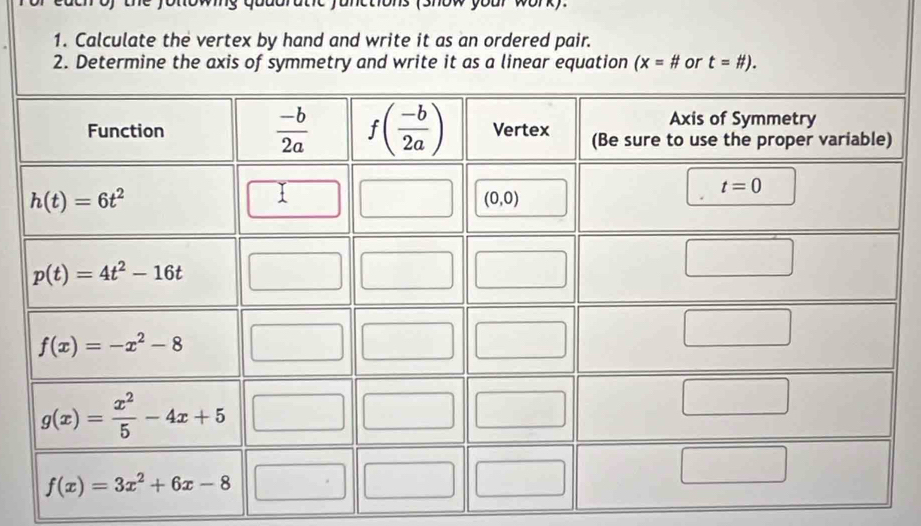 quddratic functions (show your work).
1. Calculate the vertex by hand and write it as an ordered pair.
2. Determine the axis of symmetry and write it as a linear equation (x=# or t=# ).