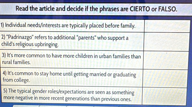 Read the article and decide if the phrases are CIERTO or FALSO. 
1) 
2) 
c 
3) 
ru 
4 
f 
5 
m