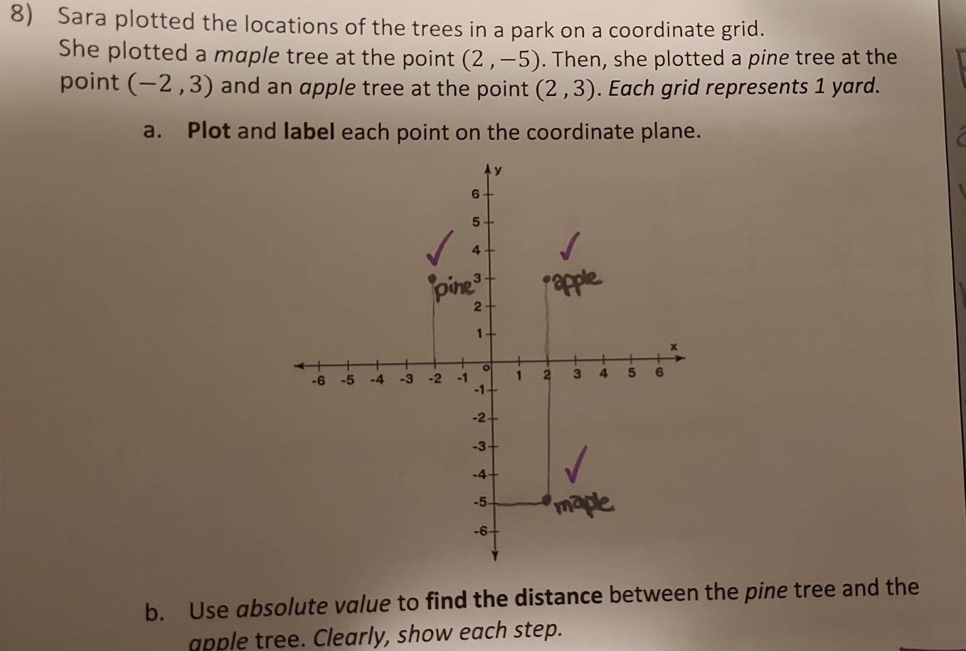 Sara plotted the locations of the trees in a park on a coordinate grid. 
She plotted a maple tree at the point (2,-5). Then, she plotted a pine tree at the 
point (-2,3) and an apple tree at the point. (2,3). Each grid represents 1 yard. 
a. Plot and label each point on the coordinate plane.
y
6
5
4
pine
2
1
x
。
-6 -5 -4 -3 -2 -1 1 2 3 4 5 6
-1
-2
-3
-4
-5 -
-6
b. Use absolute value to find the distance between the pine tree and the 
apple tree. Clearly, show each step.