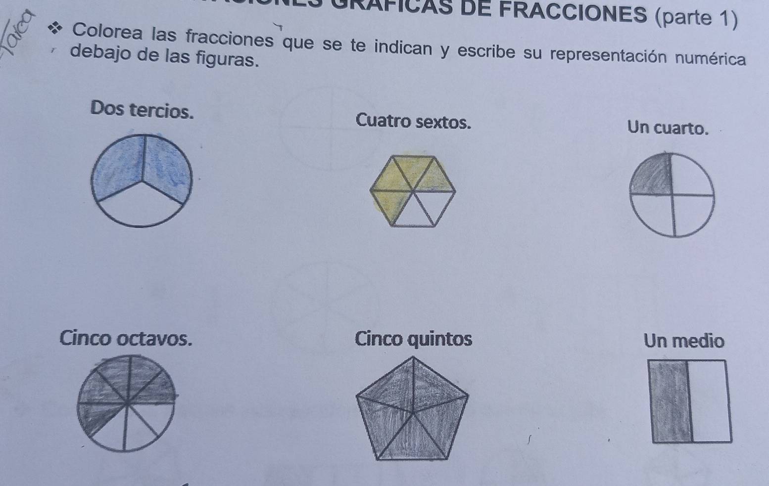 URAFICAS DE FRACCIONES (parte 1) 
Colorea las fracciones que se te indican y escribe su representación numérica 
debajo de las figuras. 
Dos tercios. Cuatro sextos. Un cuarto. 
Cinco octavos. Cinco quintos Un medio