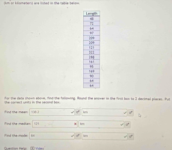 (km or kilometers) are listed in the table below. 
For the data shown above, find the following. Round the answer in the first box to 2 decimal places. Put 
the correct units in the second bax. 
Find the mean: 138.2 0° km sigma°
Find the median: 121 km vector x
Find the mode: 64 sigma^4 km sigma^4
Question Hel n Œ Video