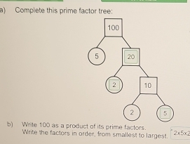 Complete this prime factor tree: 
b) Write 100 as a product of its prime factors. 
Write the factors in order, from smallest to largest 2* 5* 2