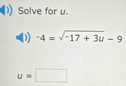 Solve for u.
-4=sqrt(-17+3u)-9
u=□