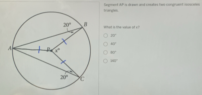 Segment AP is drawn and creates two congruent isosceles
triangles.
What is the value of x?
20°
40°
80°
140°