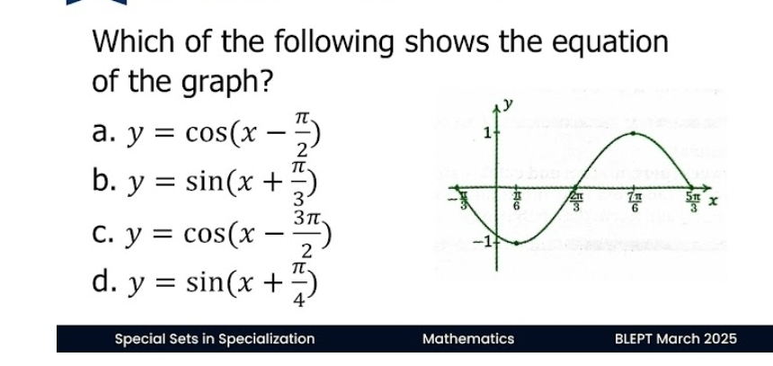 Which of the following shows the equation
of the graph?
a. y=cos (x- π /2 )
b. y=sin (x+ π /3 )
C. y=cos (x- 3π /2 )
d. y=sin (x+ π /4 )
Special Sets in Specialization Mathematics BLEPT March 2025