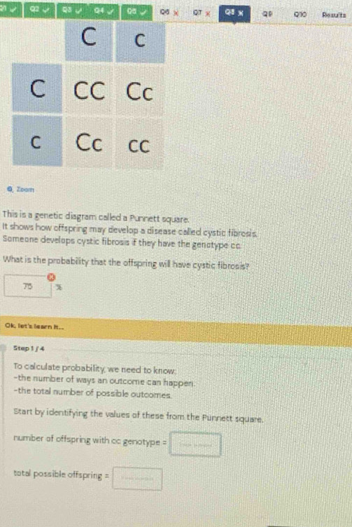 Ga Q5 x QT x Q x Q Q10 Results 
C C 
C CC Cc 
C Cc CC 
4 Zoom 
This is a genetic diagram called a Punnett square. 
It shows how offspring may develop a disease called cystic fibrosis. 
Someone develops cystic fibrosis if they have the genatype co: 
What is the probability that the offspring will have cystic fibrosis?
75 %
Ok, let's learn It.. 
Stap 1∫4 
To calculate probability we need to know: 
-the number of ways an outcome can happen 
-the total number of possible outcomes. 
Start by identifying the values of these from the Punnett square. 
number of offspring with cc genotype = □ 
taotal possible offspring^ =□