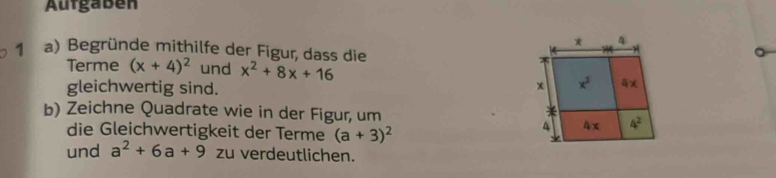 Aurgabén 
* 4 
1 a) Begründe mithilfe der Figur, dass die 
Terme (x+4)^2 und x^2+8x+16
gleichwertig sind.
x x^2 4
b) Zeichne Quadrate wie in der Figur, um 4^2
4 
die Gleichwertigkeit der Terme (a+3)^2 4 x
und a^2+6a+9 zu verdeutlichen.