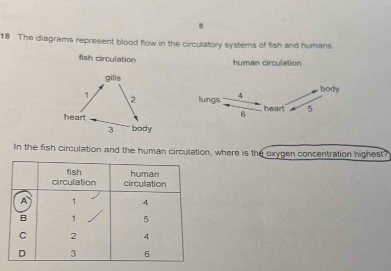 8 
18 The diagrams represent blood flow in the circulatory systems of fish and humans. 
fish circulation human circulation 
gills 
body
1 2 lungs 4
heart
6 heart 5
3 body 
In the fish circulation and the human circulation, where is the oxygen concentration highest?