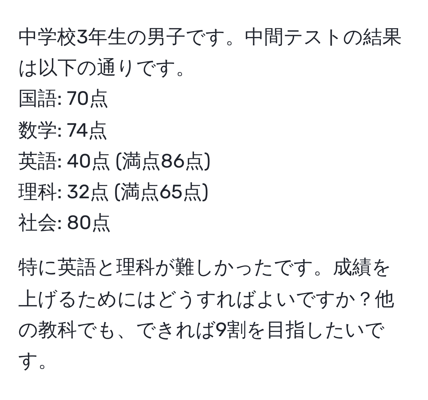 中学校3年生の男子です。中間テストの結果は以下の通りです。
国語: 70点
数学: 74点
英語: 40点 (満点86点)
理科: 32点 (満点65点)
社会: 80点

特に英語と理科が難しかったです。成績を上げるためにはどうすればよいですか？他の教科でも、できれば9割を目指したいです。