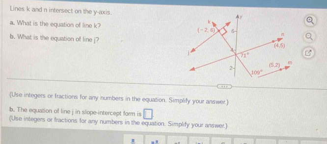 Lines k and n intersect on the y-axis.
a. What is the equation of line k? 
b. What is the equation of line j?
□^(□)
(Use integers or fractions for any numbers in the equation. Simplify your answer.)
b. The equation of line j in slope-intercept form is
(Use integers or fractions for any numbers in the equation. Simplify your answer.)