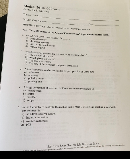 Solved: Module 26102-20 Exam Safety for Electricians _ Trainee Name ...