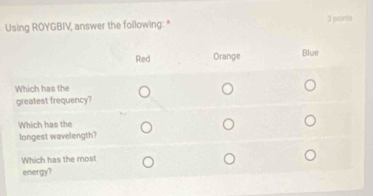 Using ROYGBIV, answer the following: * 3 points