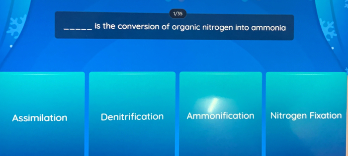 1/35
is the conversion of organic nitrogen into ammonia
Assimilation Denitrification Ammonification Nitrogen Fixation