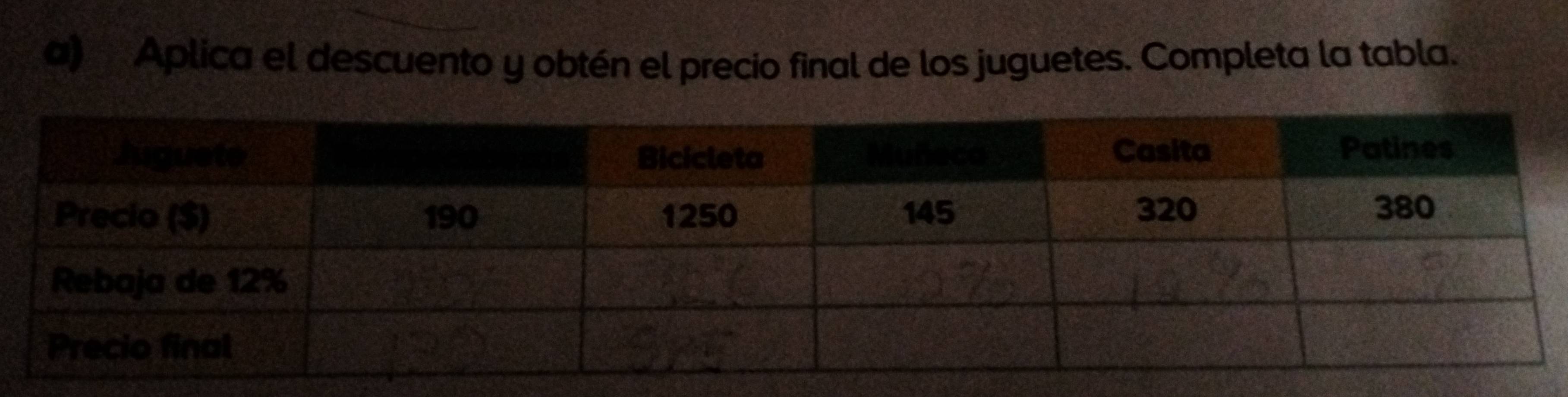 Aplica el descuento y obtén el precio final de los juguetes. Completa la tabla.