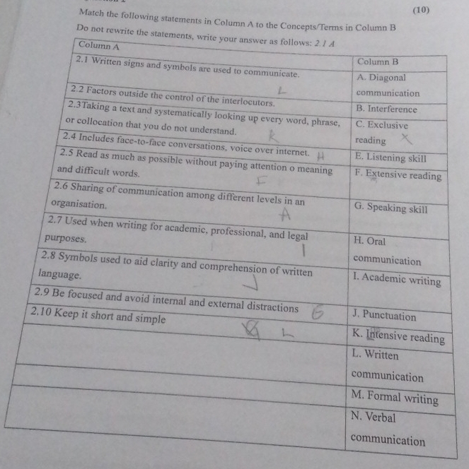 (10) 
Match the following statements in Column A t