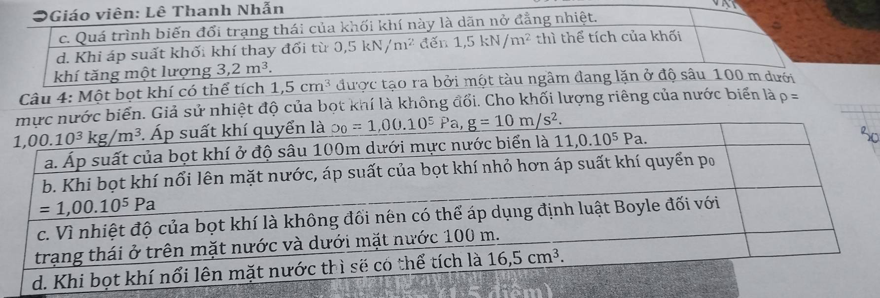 Giáo viên: Lê Thanh Nhẫn
c. Quá trình biến đổi trạng thái của khối khí này là dãn nở đẳng nhiệt.
d. Khi áp suất khối khí thay đổi từ 0,5kN/m^2 đến 1,5kN/m^2 thì thể tích của khối
khí tăng một lượng 3,2m^3.
Câu 4: Một bọt khí có thể tích 1,5cm^3 được tạo ra bởi một tàu ngầm đang lặn ở độ sâu 100 m dưới
biển. Giả sử nhiệt độ của bọt khí là không đổi. Cho khối lượng riêng của nước biển là P=