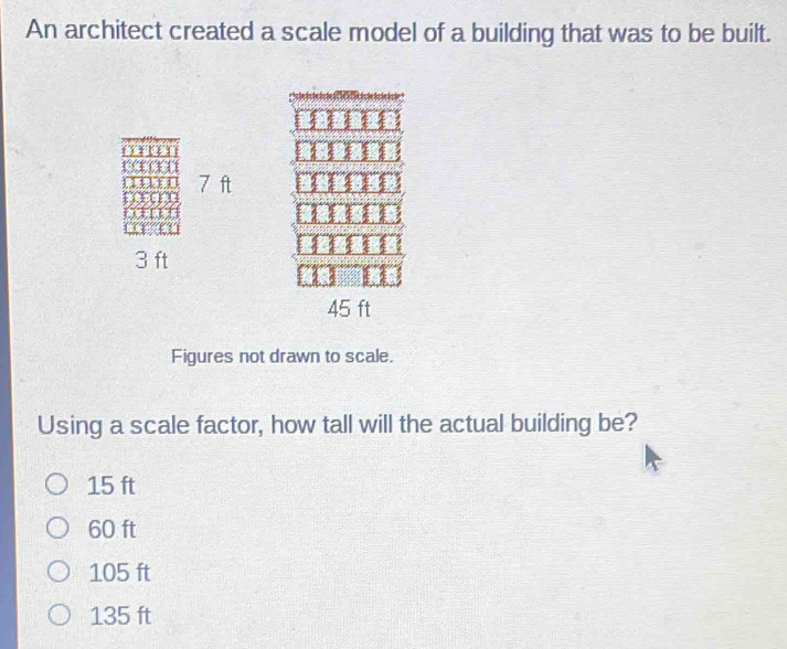 An architect created a scale model of a building that was to be built.
Figures not drawn to scale.
Using a scale factor, how tall will the actual building be?
15 ft
60 ft
105 ft
135 ft