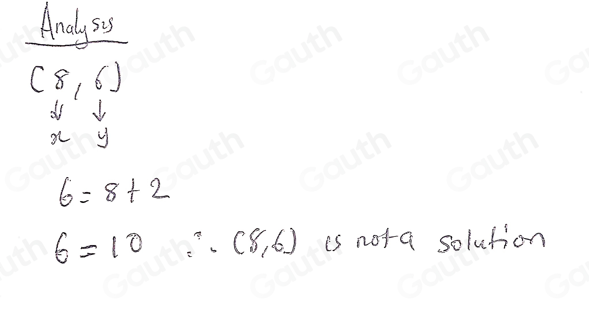 Solved: Is (8,6) a solution to the equation y=x+2 ? yes [Math]