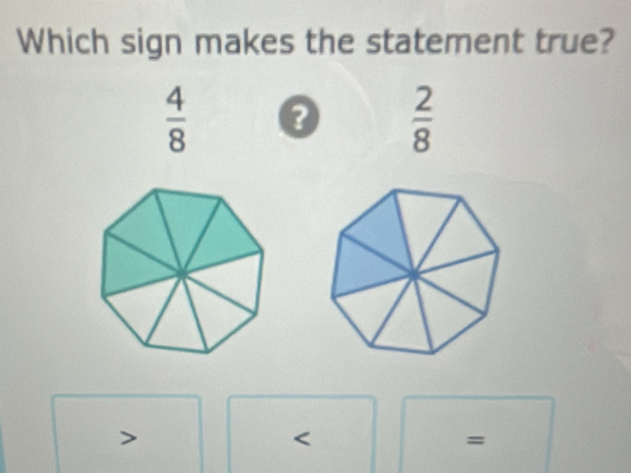 Which sign makes the statement true?
 4/8 
 2/8 
=