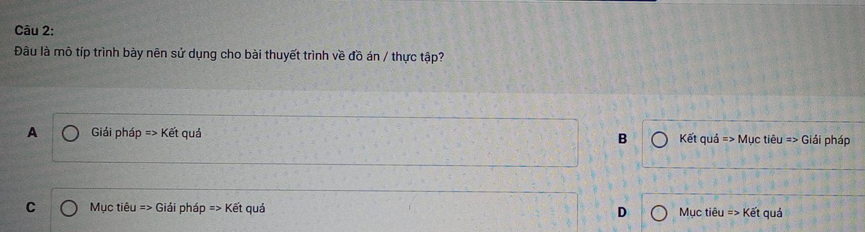 Đâu là mô típ trình bày nên sử dụng cho bài thuyết trình về đồ án / thực tập?
A Giải pháp Rightarrow Khat epsilon  et quả
B Kết quả =>Muc tiêu =>G Giải pháp
C Mục tiêu => Giải pháp =>Kepsilon et quá Mục tiêu => Kết quả
D