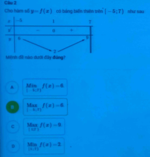 Cho hàm số y=f(x) có bảng biến thiên trên [-5;7) như sau
Mệnh đề nào dưới đây đúng?
A limlimits _|-5,f(7)f(x)=6.
V f(x)=6
(-6,7) ∴ △ ADN/N
C Maxf(x)=9|f(x)=9
D limlimits _|1:7|f(x)=2