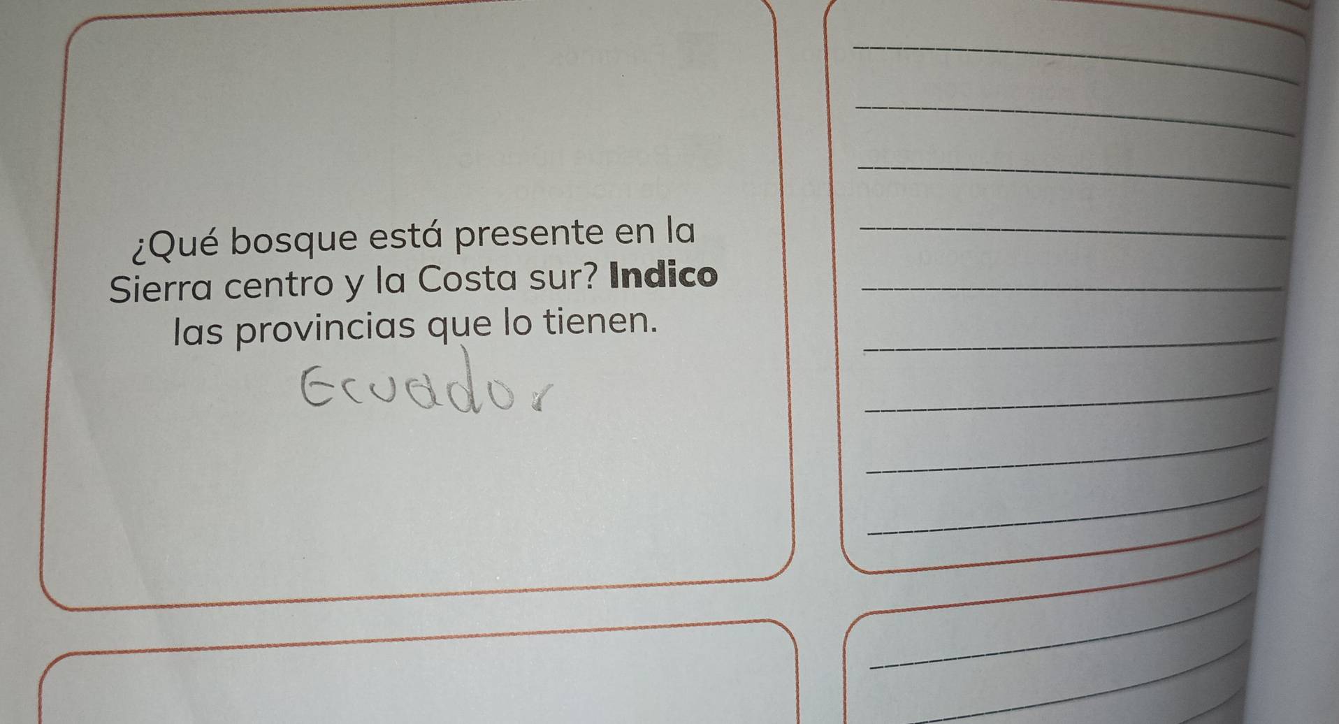 ¿Qué bosque está presente en la_ 
Sierra centro y la Costa sur? Indico_ 
las provincias que lo tienen._ 
_ 
_ 
_ 
_ 
_ 
_