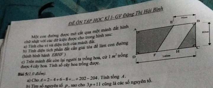 ĐÊ ÔN TẢP HOC KÌ I- GV Đặng Thị Hải Bình 
Một con đường được mở cắt qua một mành đất hình 
chữ nhật với các dữ kiện được cho trong hình sau: 
a) Tính chu vi và diện tích của mảnh đất. 
b Tinh điện tích phần đất cần giải tóa đề làm con đường 
(hình bình hành EBHF ) 
c) Trên mánh đất còn lại người ta trồng hoa, cứ 1m^2 trởng 
được 4 cây hoa. Tính số cây hoa trồng được. 
Bài 5(1,0 điểm). 
a) Cho A=2-4+6-8+...+202-204. Tính tổng A. 
b) Tìm số nguyên tổ p , sao cho 3p+11 cũng là các số nguyên tố.