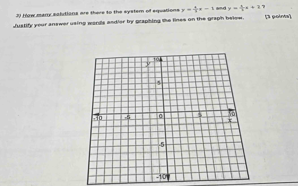 How many solutions are there to the system of equations y= 4/3 x-1 and y= 4/3 x+2 ?
Justify your answer using words and/or by graphing the lines on the graph below. [3 points]