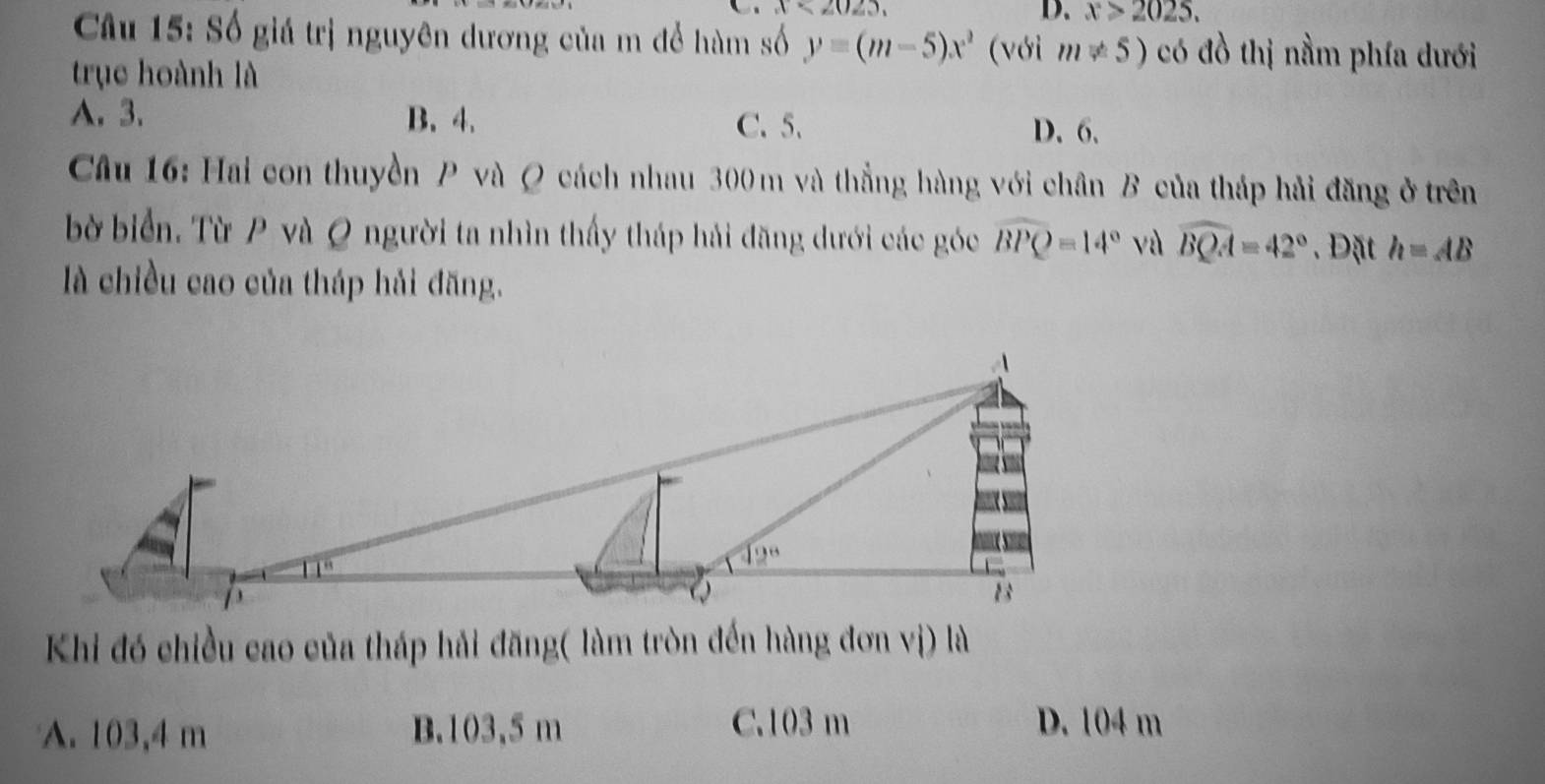 x<2025,
D. x>2025.
Câu 15: Số giá trị nguyên dương của m để hàm số y=(m-5)x^2 (với m!= 5) có đồ thị nằm phía dưới
trục hoành là
A. 3. B. 4. C. 5.
D. 6.
Câu 16: Hai con thuyền P và Q cách nhau 300 m và thẳng hàng với chân B của tháp hải đăng ở trên
bờ biển. Từ P và Q người ta nhìn thấy tháp hải đăng dưới các góc widehat BPQ=14° và widehat BQA=42°. Đặt h=AB
là chiều cao của tháp hải đăng.
Khi đó chiều cao của tháp hải đăng( làm tròn đến hàng đơn vị) là
A. 103,4 m B.103,5 m
C.103 m D. 104 m