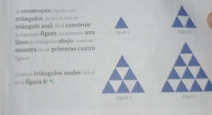 Se construyen figuras con 
triángulos. Se inicia con un 
triángulo azul. Para construir 
la siguiente figura, se aumenta una Figura l Figura 2 
línea de triángulos abajo, como se 
muestra en las primeras cuatro 
figoras. 
Cuános triángulos azules habrá 
en la figura 8:10
Figura 3 Figura 4