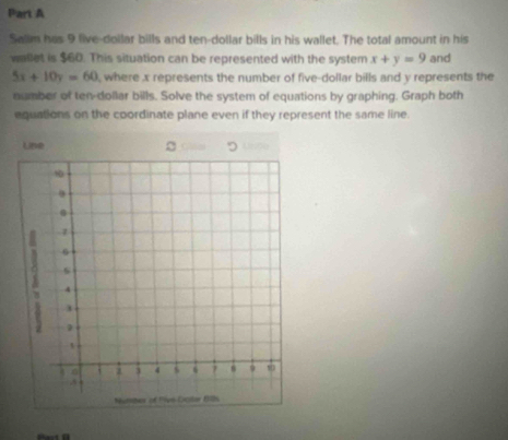 Salim has 9 live-dollar bills and ten-dollar bills in his wallet. The total amount in his
wallet is $60. This situation can be represented with the system x+y=9 and
5x+10y=60 , where x represents the number of five-dollar bills and y represents the
number of ten-dollar bills. Solve the system of equations by graphing. Graph both
equations on the coordinate plane even if they represent the same line.
Une