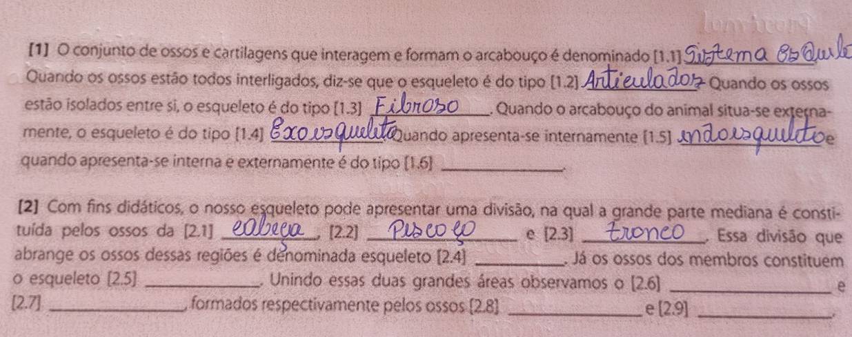 [1] O conjunto de ossos e cartilagens que interagem e formam o arcabouço é denominado [1.1] _ 
Quando os ossos estão todos interligados, diz-se que o esqueleto é do tipo (1.2] _7 Quando os ossos 
estão isolados entre si, o esqueleto é do tipo [1.3] _. Quando o arçabouço do animal situa-se externa- 
mente, o esqueleto é do tipo [1.4] _Quando apresentaçse internamente [1.5] _ 
quando apresenta-se interna e externamente é do tipo [1.6] _ 
[2] Com fins didáticos, o nosso esqueleto pode apresentar uma divisão, na qual a grande parte mediana é consti- 
tuída pelos ossos da [2.1] _ [2.2] _e [2.3] _, Essa divisão que 
abrange os ossos dessas regiões é denominada esqueleto [2.4] _J Já os ossos dos membros constituém 
o esqueleto [2.5] _ Unindo essas duas grandes áreas observamos o D _ 
e
[2.7] _ formados respectivamente pelos ossos (2.8) _e [2.9] _