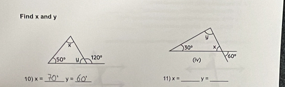 Find x and y
10) x= _ y= _11) x= _ y= _