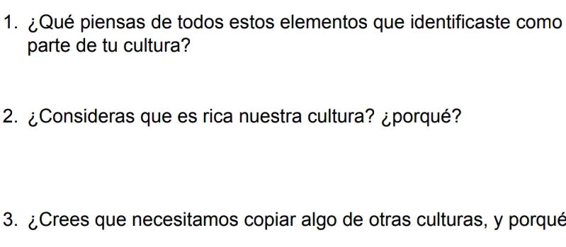 ¿Qué piensas de todos estos elementos que identificaste como 
parte de tu cultura? 
2. ¿Consideras que es rica nuestra cultura? ¿porqué? 
3. ¿Crees que necesitamos copiar algo de otras culturas, y porqué